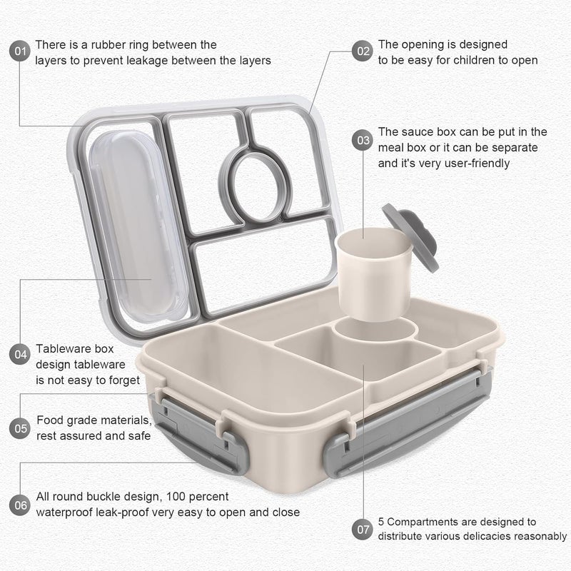 Amathley Bento Box Adult Lunch Box Kids,Lunch Containers for Adults/Kids/Toddler,5 Compartments Bento Lunch Box with Sauce Vontainers,Microwave & Dishwasher & Freezer Safe,BPA-Free(White) - Image 2